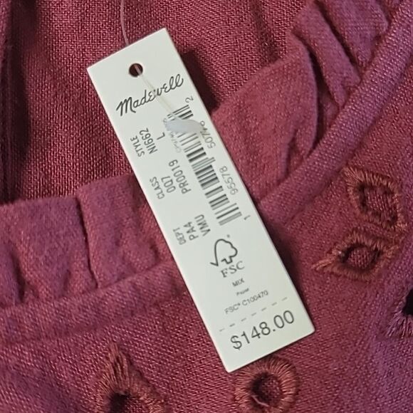 $140 NEW MADEWELL LONG SLEEVE MULBERRY MAROON RUFFLE MINI DRESS L LARGE NWT - Picture 6 of 14